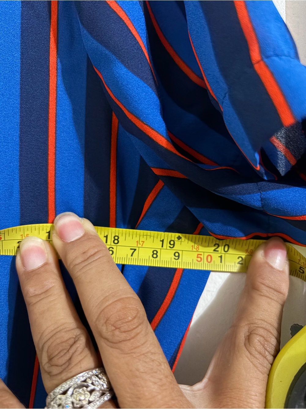 New York & Company Navy and Orange Striped & Pleated Midi Dress - Picture 15 of 15